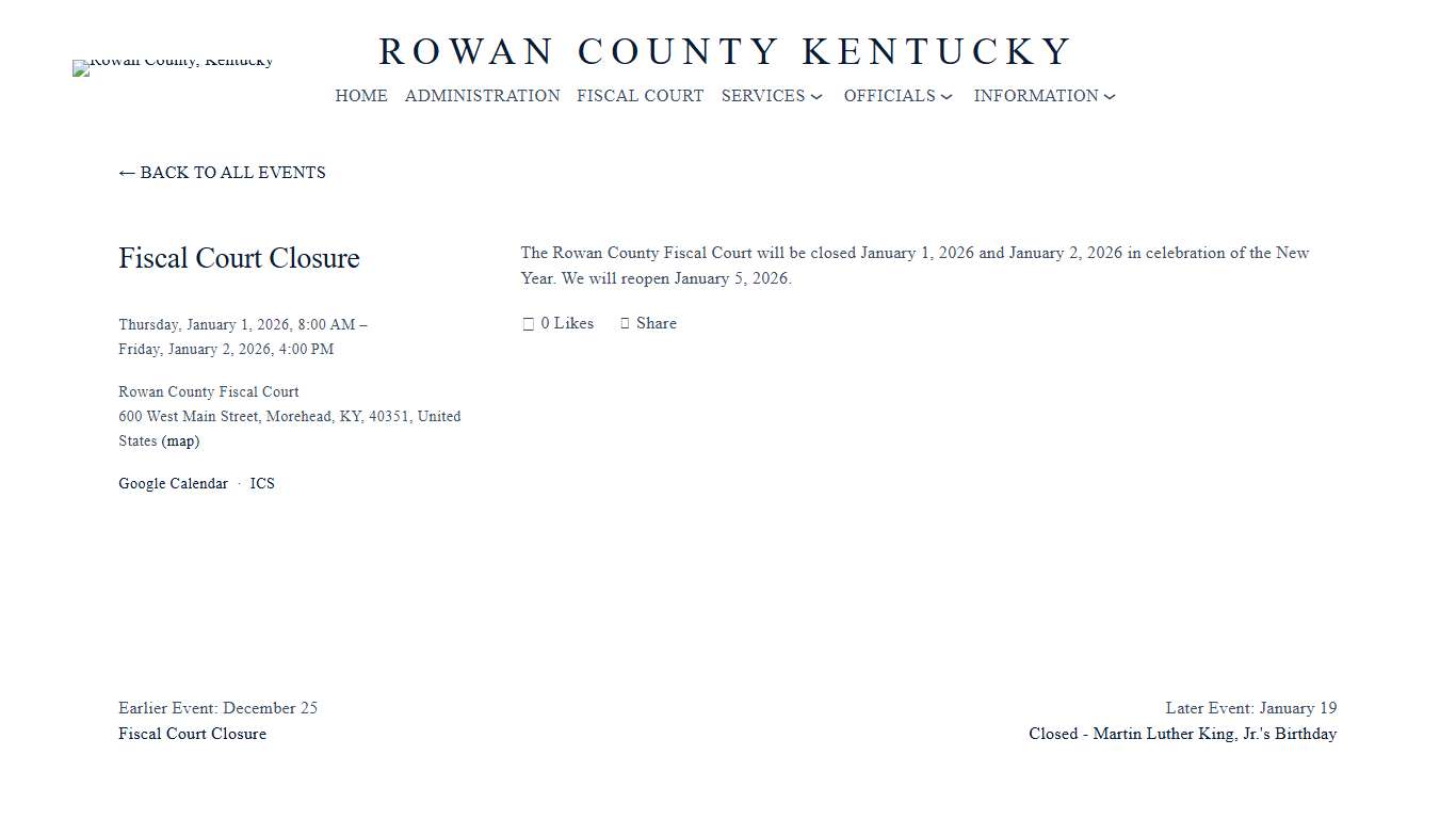 Fiscal Court Closure — Rowan County, Kentucky